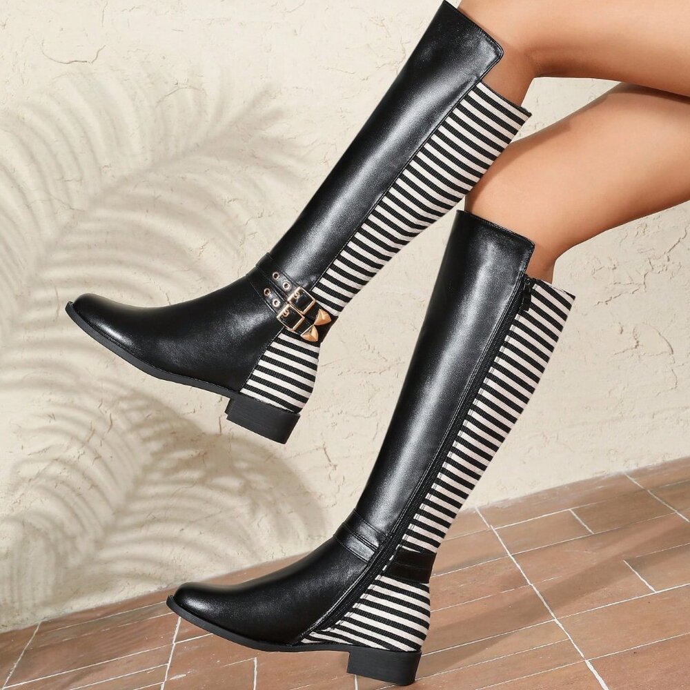 Black And White Business Casual Women's Knee-High Boots